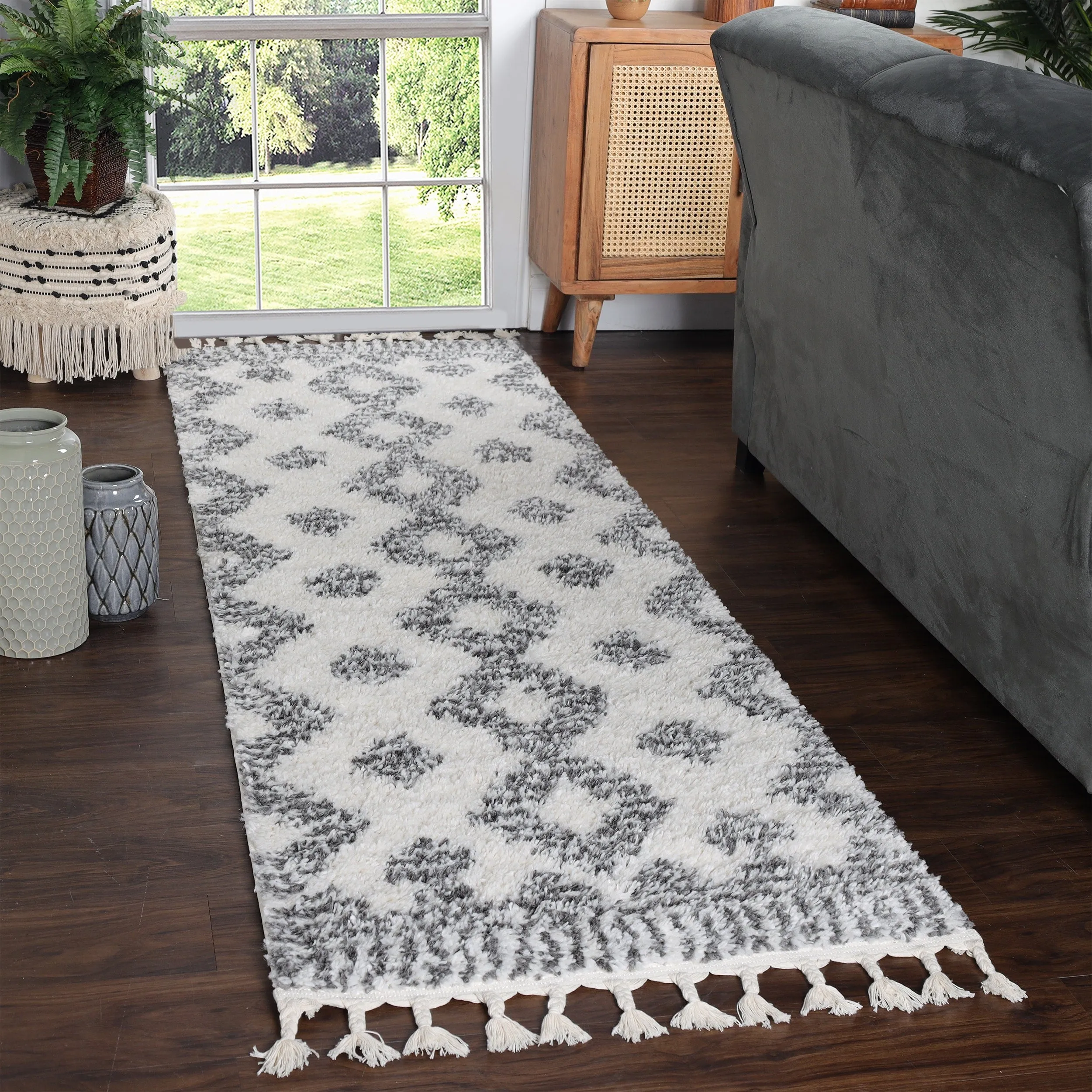 Superior Bohemian Geometric Indoor Plush Shag Area Rug with Tassels