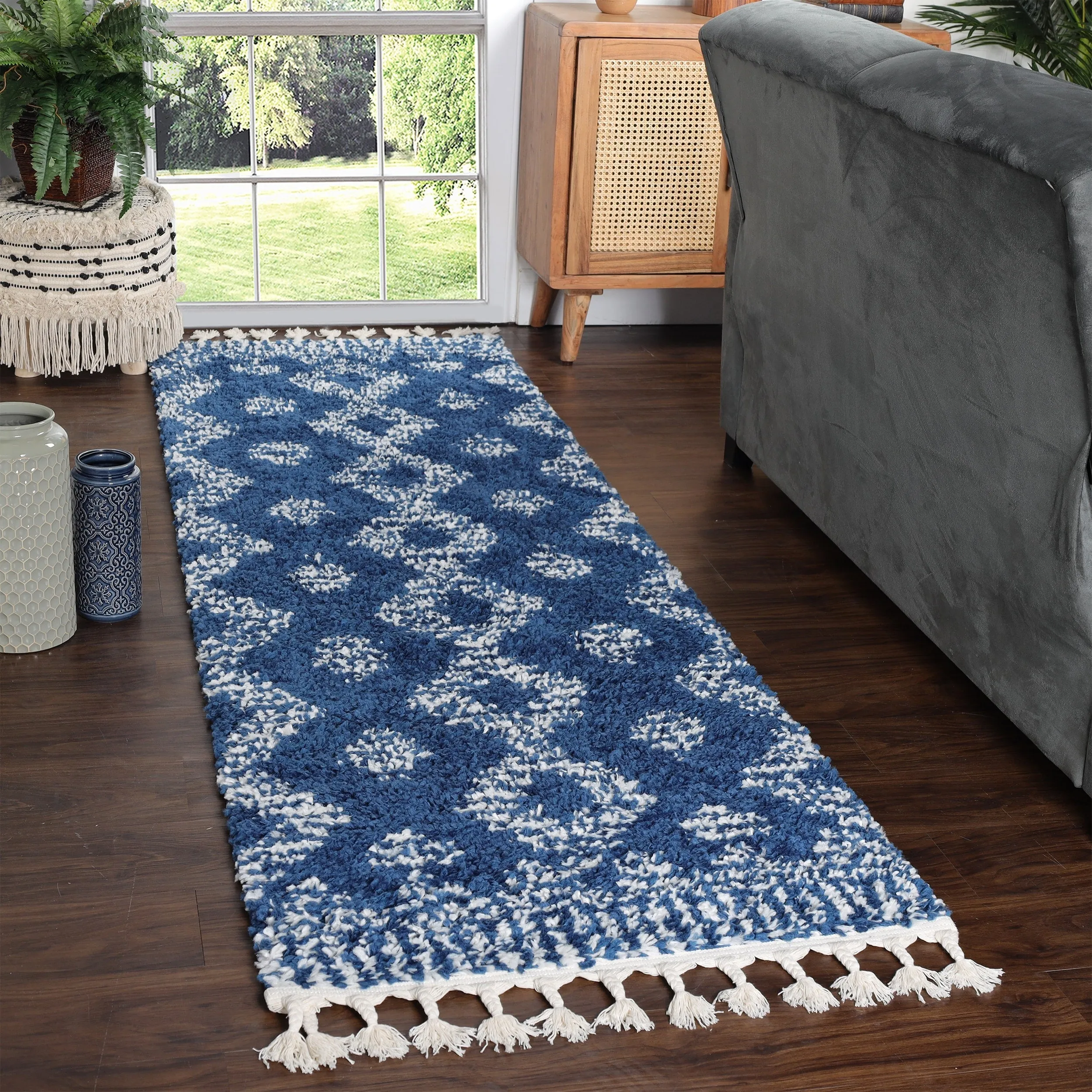 Superior Bohemian Geometric Indoor Plush Shag Area Rug with Tassels
