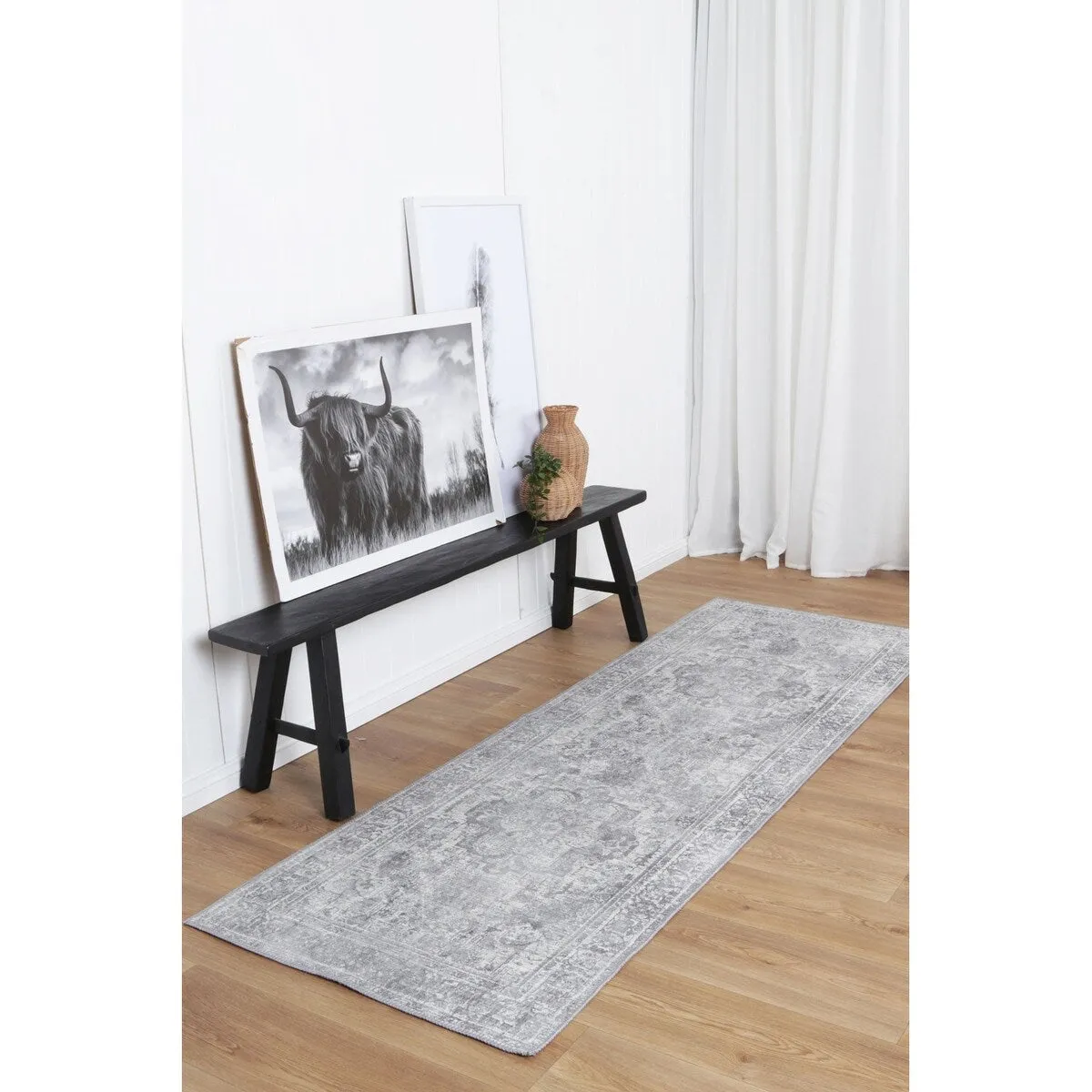 The Rug Collective Distressed Vintage Chilaz Grey Machine Washable Runner Rug