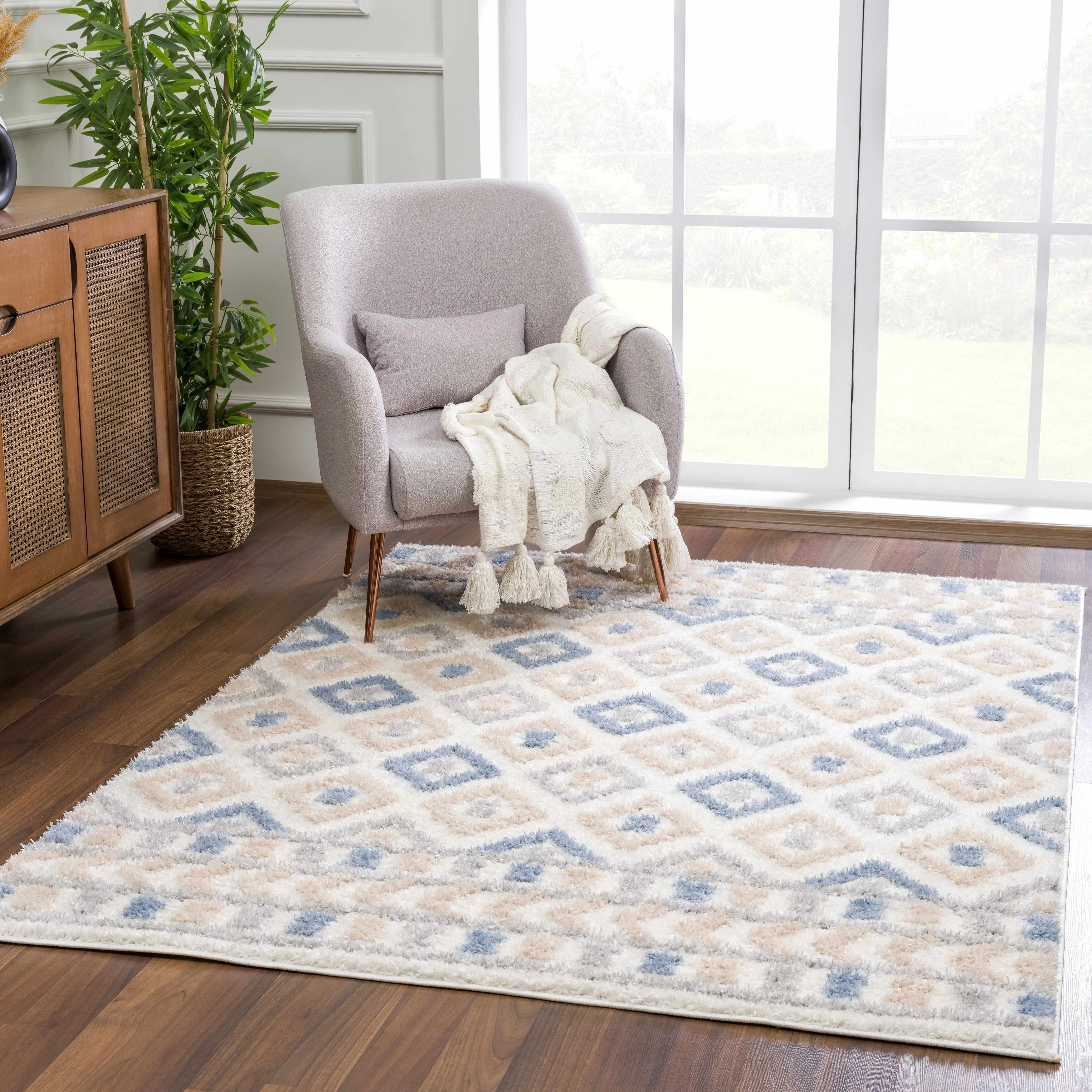 Tilos Moroccan Trellis Farmhouse Shag Area Rug