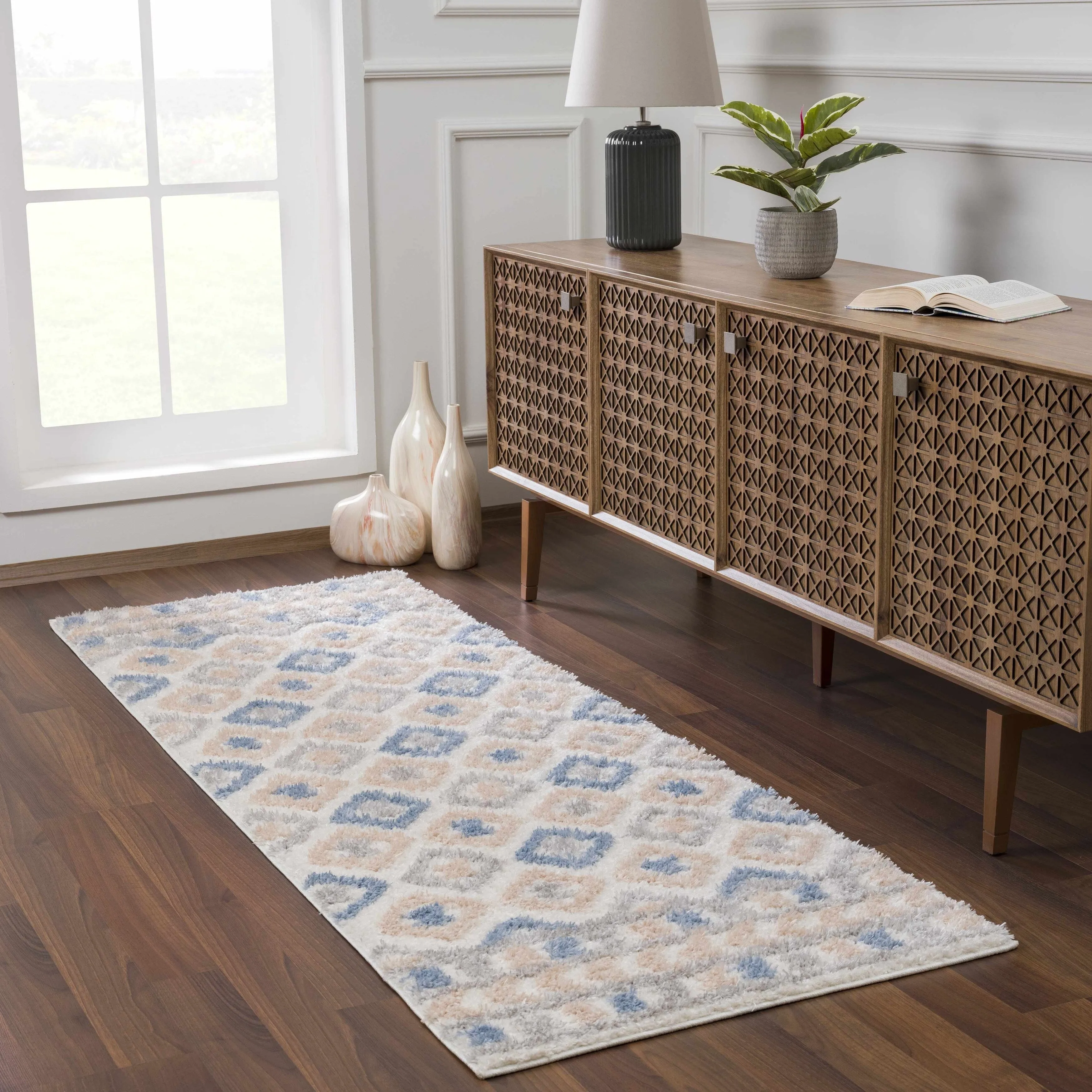 Tilos Moroccan Trellis Farmhouse Shag Area Rug