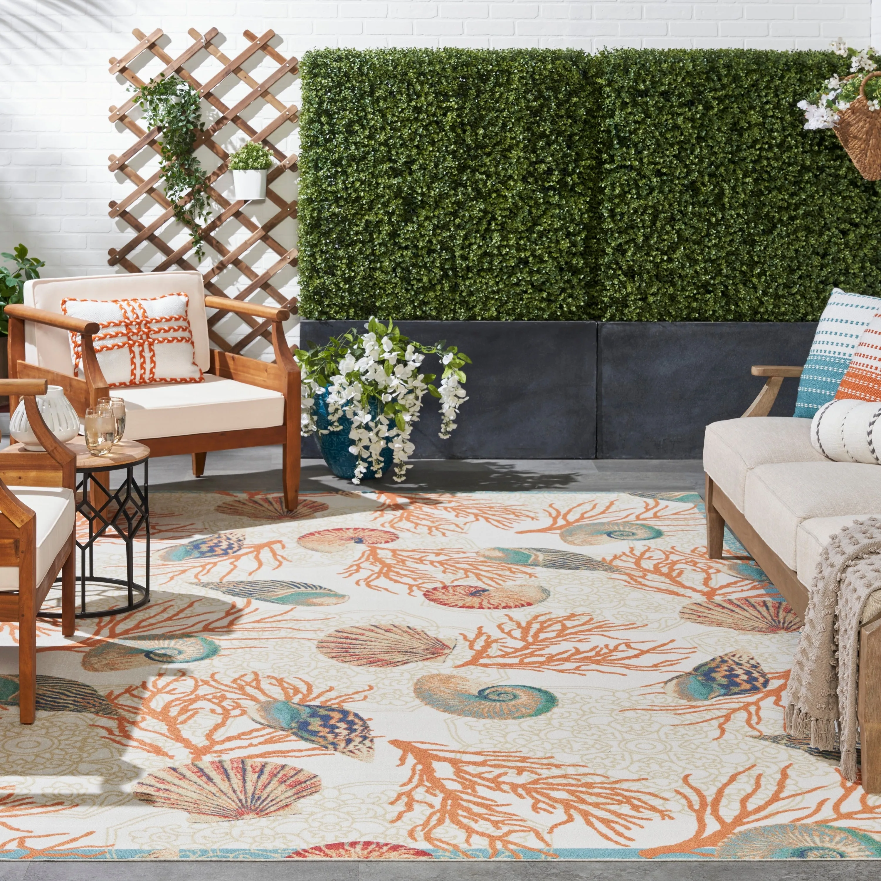Waverly Sun & Shade Shore Thing Tropical Sea Shell Floral Indoor Outdoor Area Rug