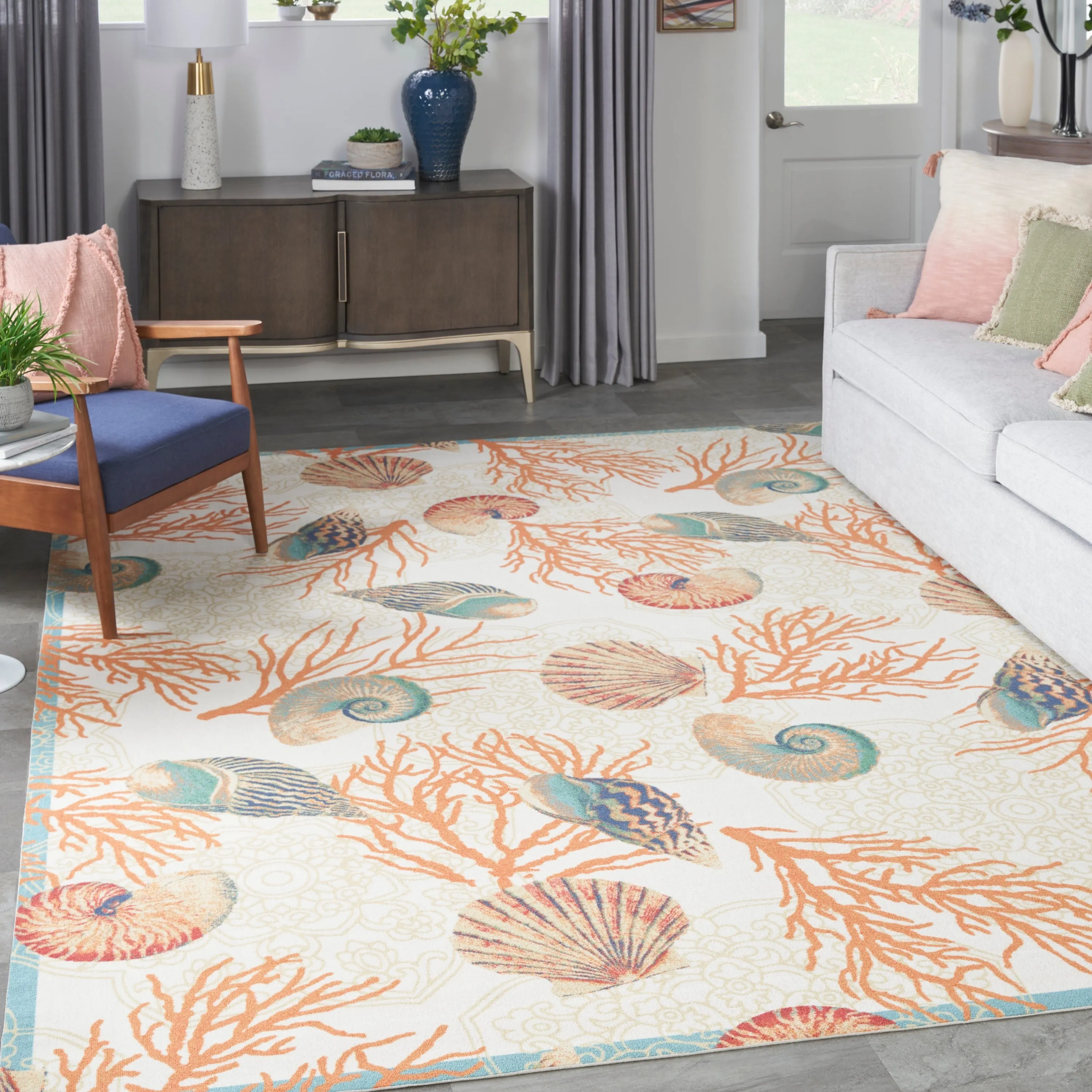 Waverly Sun & Shade Shore Thing Tropical Sea Shell Floral Indoor Outdoor Area Rug
