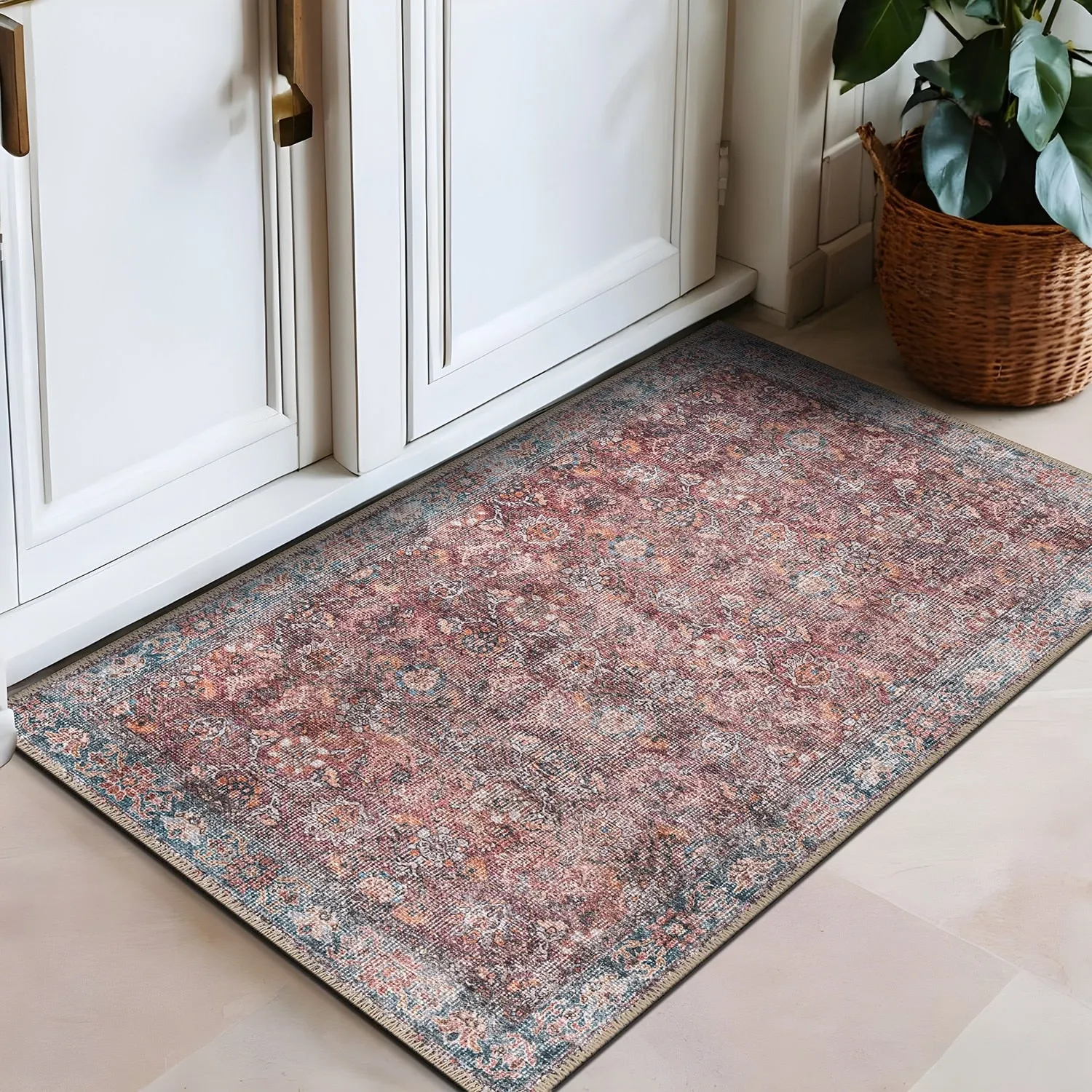 World Rug Gallery Transitional Bordered Vintage Machine Washable Non Slip Area Rug