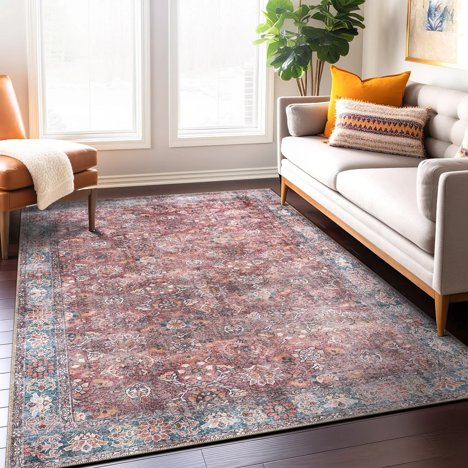 World Rug Gallery Transitional Bordered Vintage Machine Washable Non Slip Area Rug