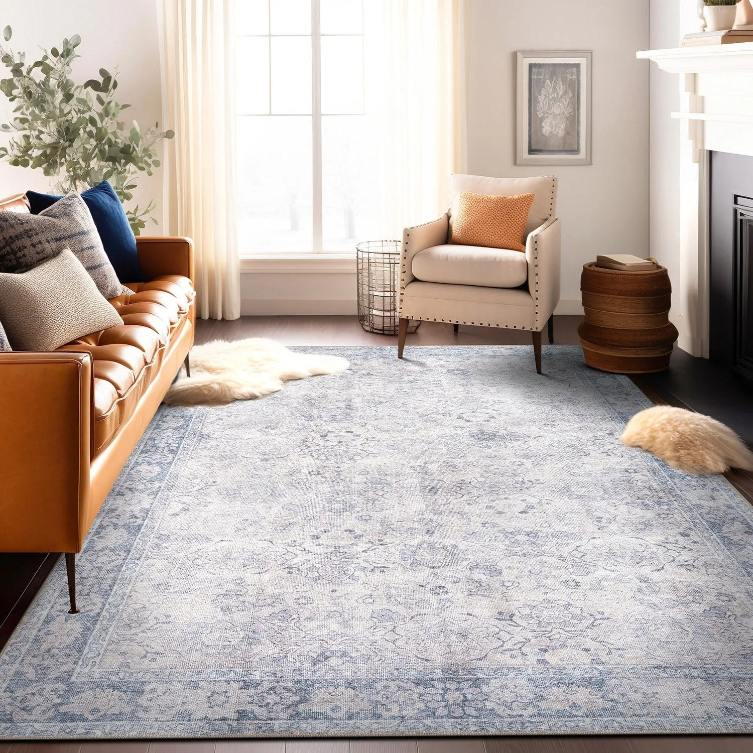 World Rug Gallery Transitional Bordered Vintage Machine Washable Non Slip Area Rug