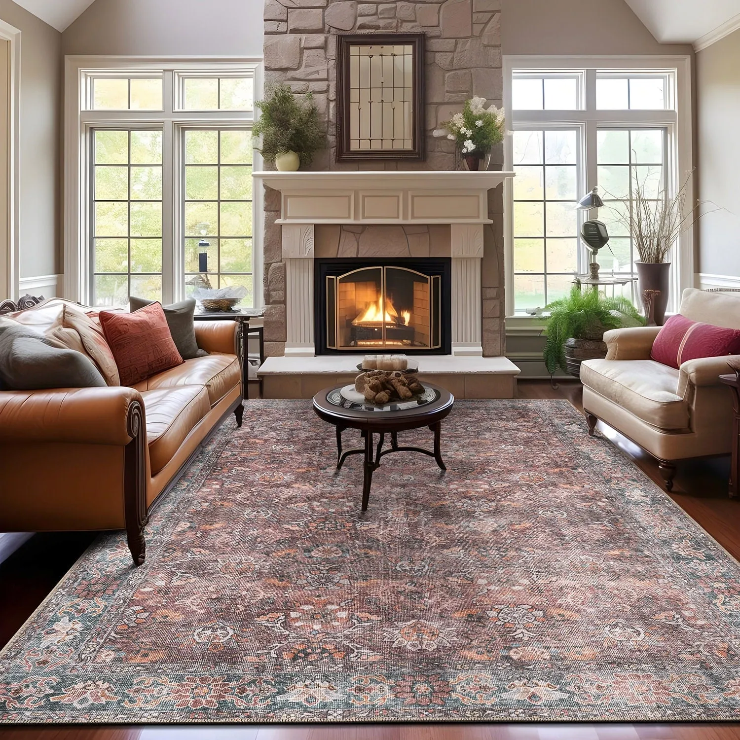 World Rug Gallery Transitional Bordered Vintage Machine Washable Non Slip Area Rug