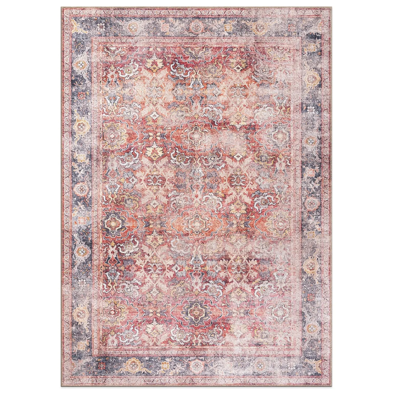 World Rug Gallery Vintage Bordered Machine Washable Non Slip Area Rug