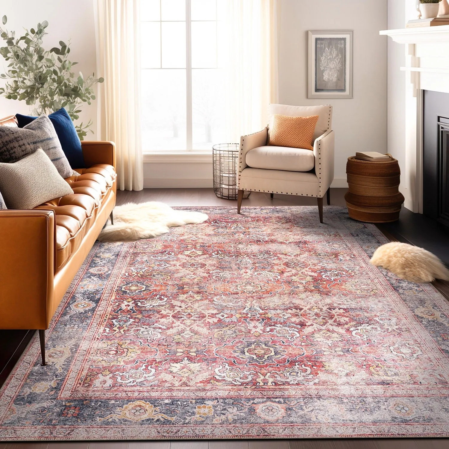 World Rug Gallery Vintage Bordered Machine Washable Non Slip Area Rug