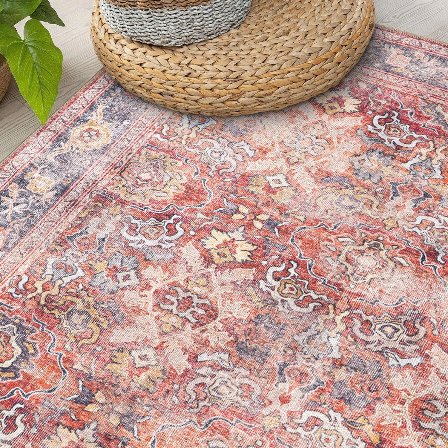 World Rug Gallery Vintage Bordered Machine Washable Non Slip Area Rug