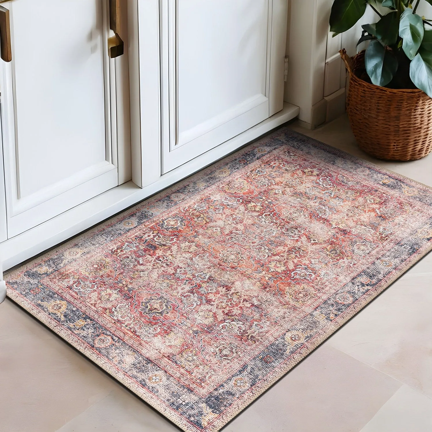 World Rug Gallery Vintage Bordered Machine Washable Non Slip Area Rug