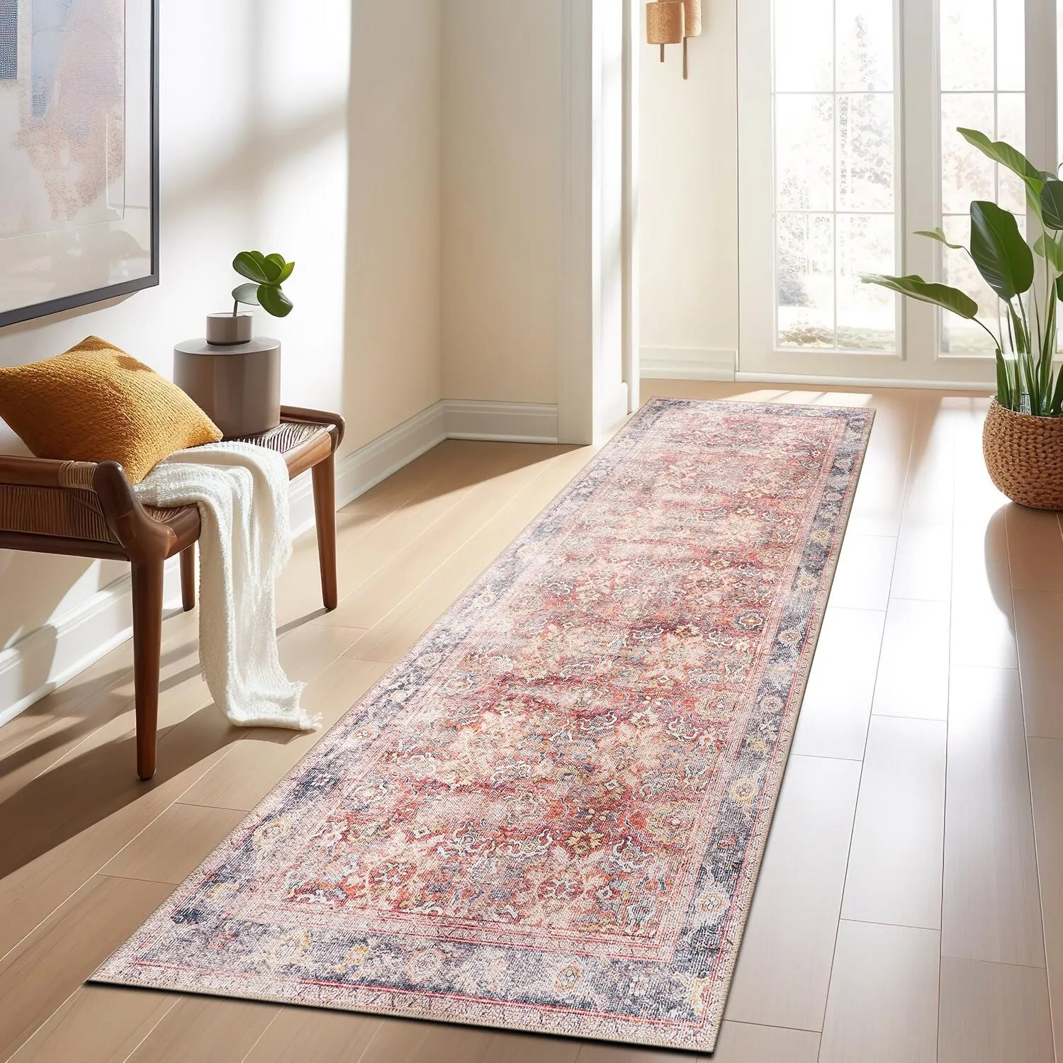World Rug Gallery Vintage Bordered Machine Washable Non Slip Area Rug