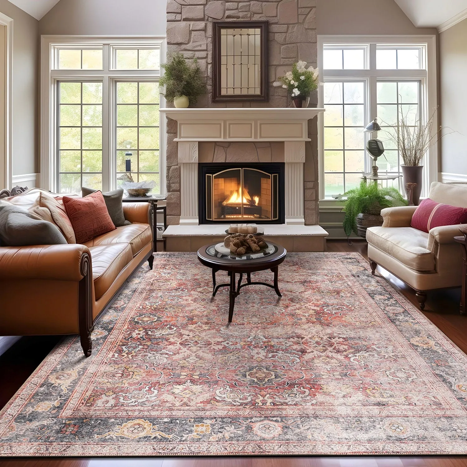 World Rug Gallery Vintage Bordered Machine Washable Non Slip Area Rug