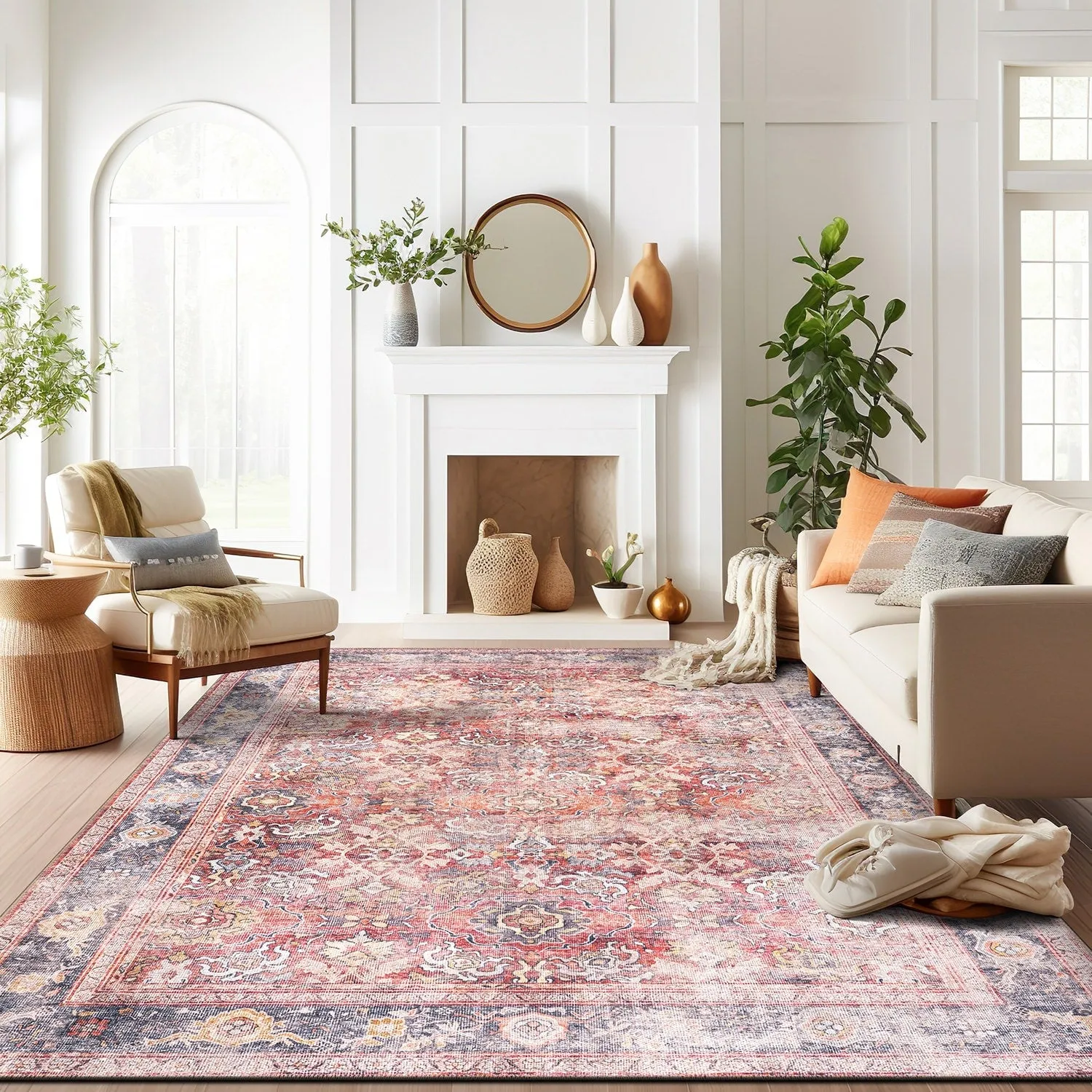 World Rug Gallery Vintage Bordered Machine Washable Non Slip Area Rug